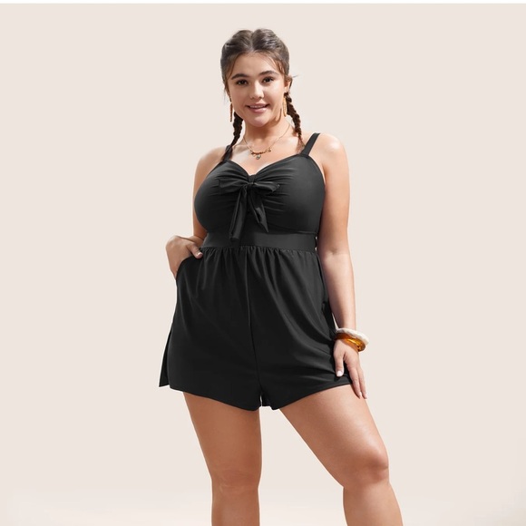 BloomChic Plus Size Plain Bowknot Pocket Gathered One Piece Swimsuit - Picture 4 of 5